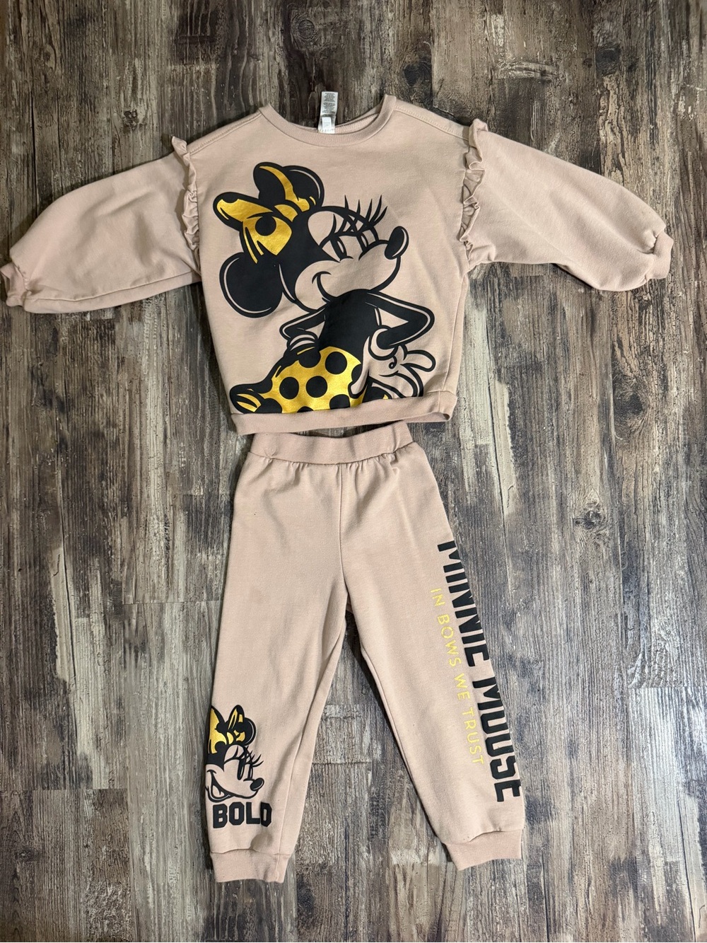 Disney Girls Beige Sweatshirt & Joggers Set with Yellow Minnie Accents